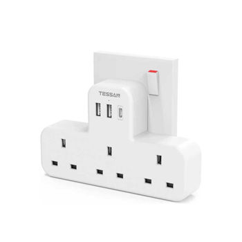 TESSAN 3 Way Plug USB Plug Charger Adaptor UK with 3 USB Hub (1 USB C)